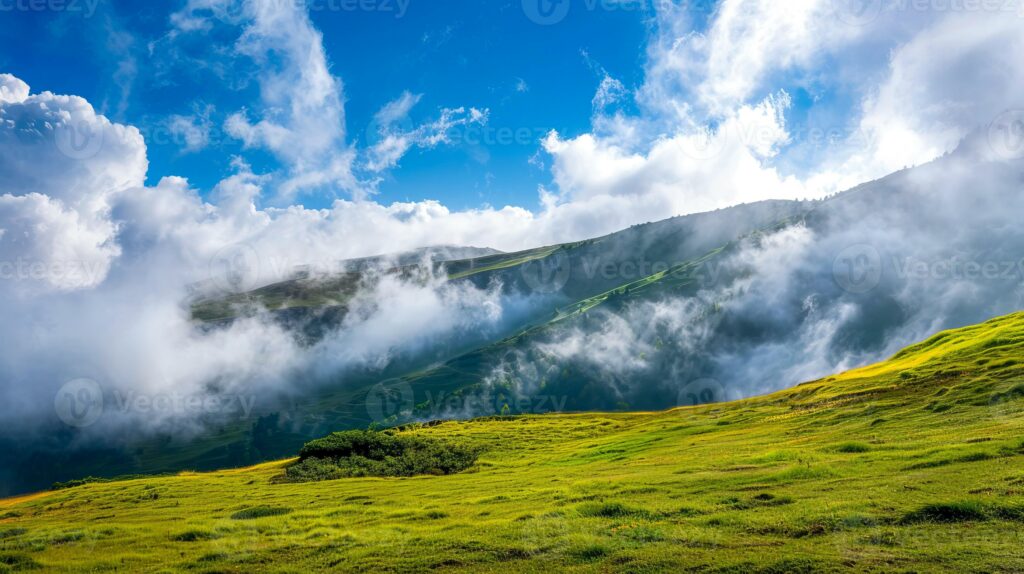 45634055 paysage avec des nuages repos sur une vert flanc de coteau dans lumiere du soleil photo